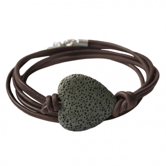 Armband leder wikkel lava hart, groen/bruin